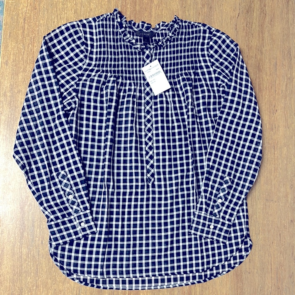 J Crew nwt 100% cotton navy blue white plaid button ruffle blouse top - Picture 2 of 6